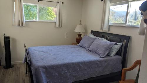 um quarto com uma cama com um edredão azul e 2 janelas em Chili Bar Casita em Placerville