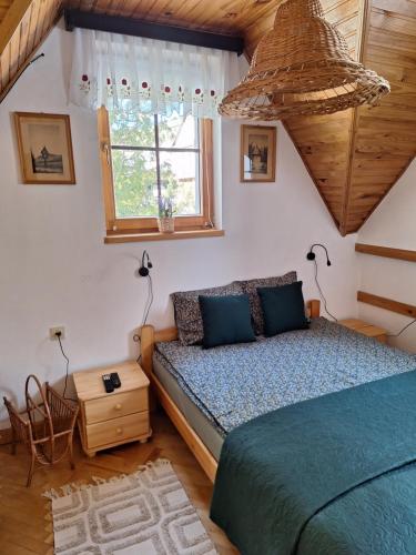 a bedroom with a bed and a window at Miodowy Domek in Kamianna