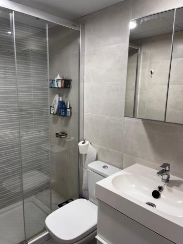 W łazience znajduje się prysznic, toaleta i umywalka. w obiekcie Apartamento Nogamar en Fuengirola, a 50 metros de la playa w mieście Fuengirola