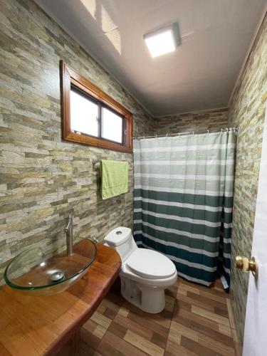 y baño con lavabo, aseo y ducha. en Cabaña Curacautín “Refugio Cautin”, en Curacautín