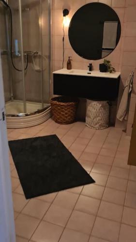 a bathroom with a shower and a sink and a mirror at Narvik Mountain Homes Spectacular View House in Narvik