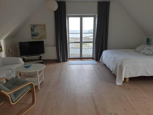 a bedroom with a bed and a tv and a window at SKAU Beach View in Aabenraa
