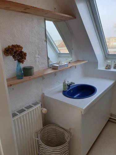 La salle de bains est pourvue d'un lavabo et d'une fenêtre. dans l'établissement SKAU Beach View, à Åbenrå