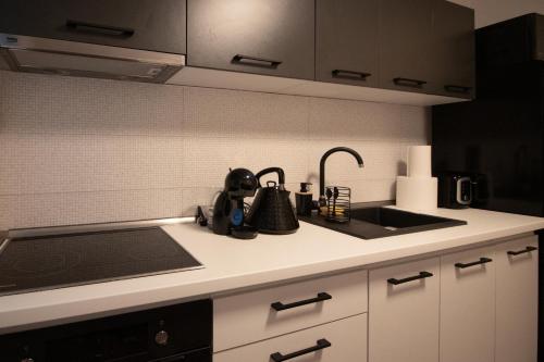 a kitchen with a sink and a counter top at MAT Apart in Topliţa