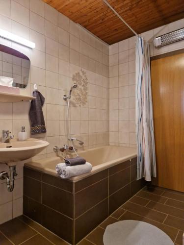 a bathroom with a bath tub and a sink at Almhof Grub in Wagrain