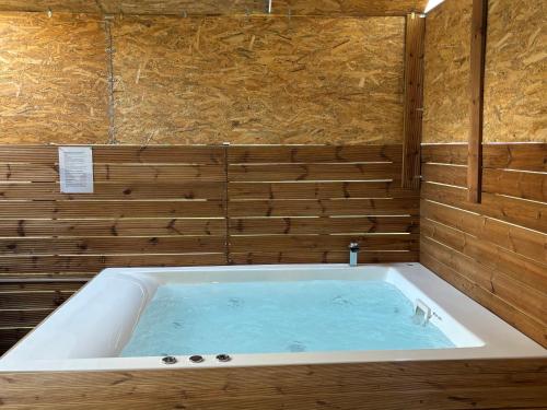 a bath tub with blue water inside of it at Jacuzzi studio close to athens airport!! in Pallini