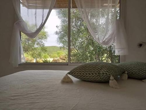 Gîte mziraa في Hammamet Sud: غرفة نوم بسرير مع نافذة كبيرة
