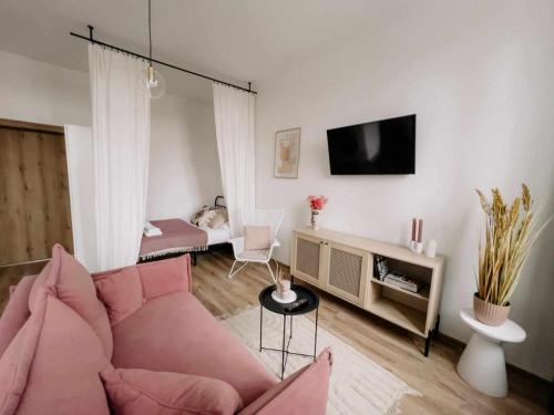 Apartament Pastelowy Kwidzyn في كفيدن: غرفة معيشة مع أريكة وردية وتلفزيون