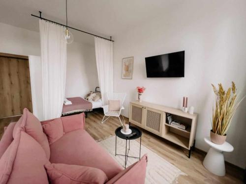 a living room with a pink couch and a tv at Apartament Pastelowy Kwidzyn in Kwidzyn
