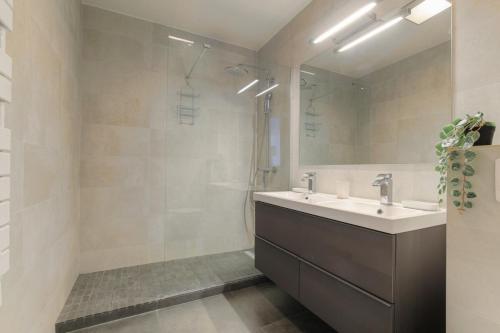 une salle de bain avec un lavabo et un miroir dans l'établissement Spacieux et charmant 100m2 à 4 min de Tête d'Or, à Lyon