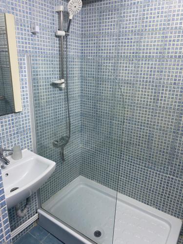 uma casa de banho com um chuveiro e um lavatório. em Ultracentral Constanta em Constança