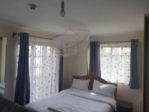 a bedroom with a bed and two windows at Mvuli suites studio in Nairobi