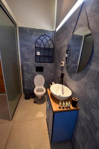 a bathroom with a toilet and a sink and a mirror at Desert view studio in Beʼer Ora