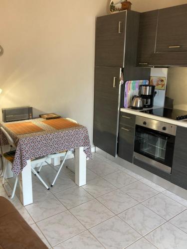 une cuisine avec une table et une cuisinière dans l'établissement Appartement indépendant dans villa Eze bord de Mer, à Èze
