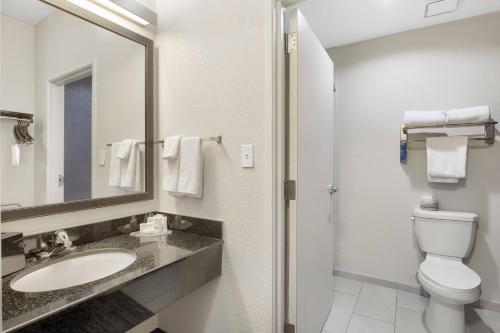 a bathroom with a sink and a toilet and a mirror at Fairfield Inn and Suites Mobile in Mobile