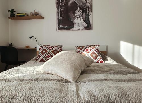 a bed with pillows and a picture on the wall at APARTMAN 52 - Privatni parking za goste in Novi Sad