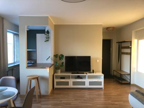 a living room with a flat screen tv on a cabinet at Tallinn Panorama Apartment Majaka in Tallinn