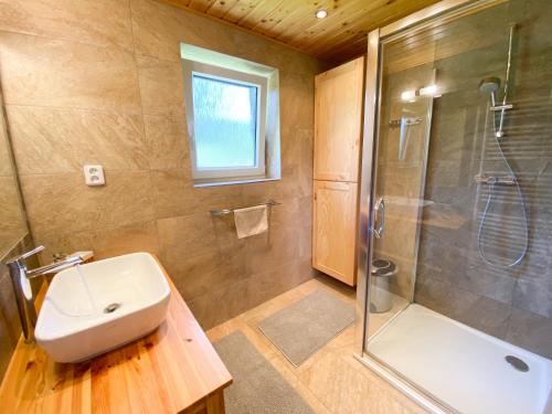 baño con lavabo y ducha con puerta de cristal en Chalupa Ludvíkov, en Nové Město pod Smrkem