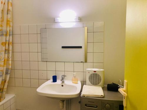 Grand studio plein centre في مونبلييه: حمام مع حوض ومرآة