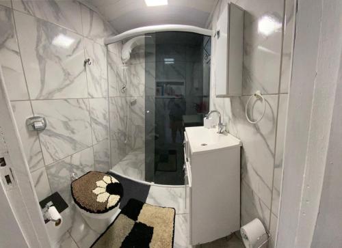 ein Bad mit einer Dusche, einem WC und einem Waschbecken in der Unterkunft Pousada Alto da Maroca in São Francisco do Sul