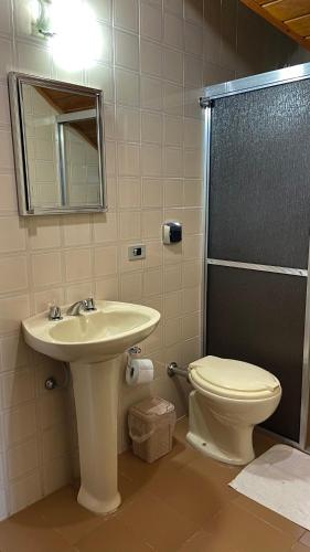 a bathroom with a sink and a toilet and a mirror at Pousada Recanto da Giovana in Campos do Jordão