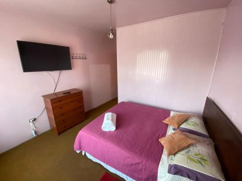 a small bedroom with a bed and a tv at Hospedaje Rios in Osorno