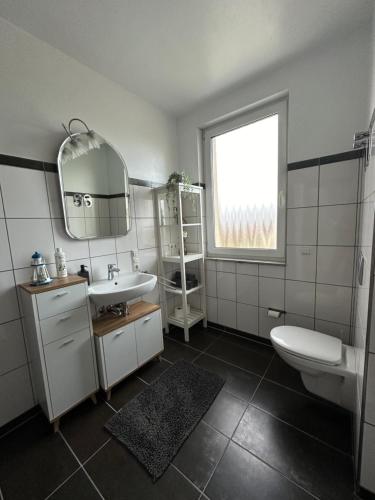 een badkamer met een wastafel, een toilet en een spiegel bij Temporalis Unterkunft in Langerwehe