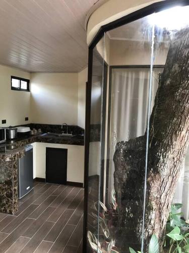 a kitchen with a glass door leading into a room at Casa del Árbol in Quepos