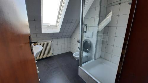 La salle de bains est pourvue de toilettes et d'une douche en verre. dans l'établissement Black Stone Apartments - Lörrach, à Lörrach