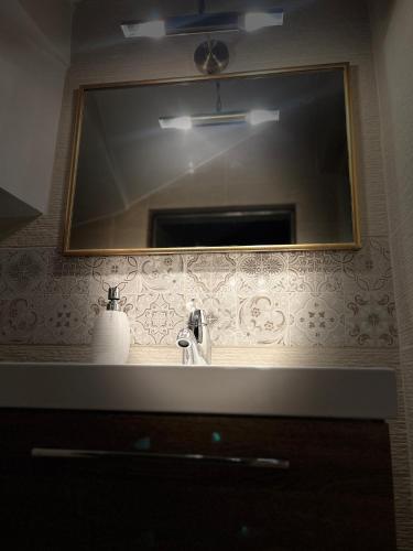 a bathroom sink with a large mirror above it at Roman House Borsa in Borşa