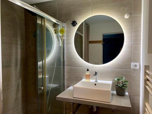 uma casa de banho com um lavatório e um chuveiro com um espelho. em Villa Vagues de Vie em Labenne