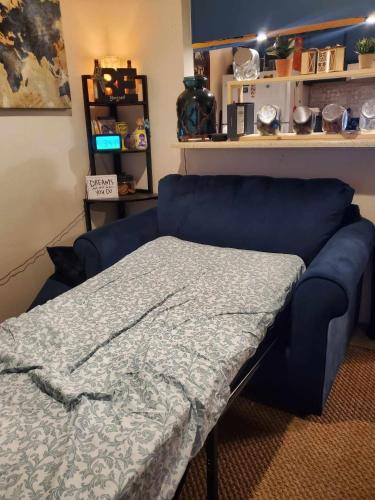 niebieską kanapę w pokoju z łóżkiem w obiekcie Mi Casa es su Casa w mieście Tucson