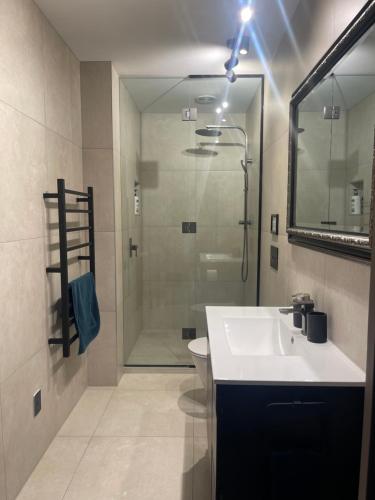 a bathroom with a shower and a sink and a mirror at The Belfry in Taupo