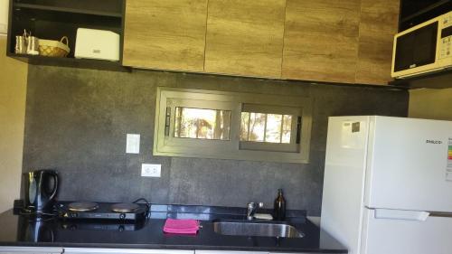 a kitchen with a sink and a white refrigerator at La Damasca in Mendoza