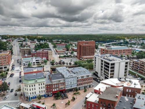an aerial view of a city with buildings at The Phenix Historic Hotel, King Bed, Room # 302 in Bangor