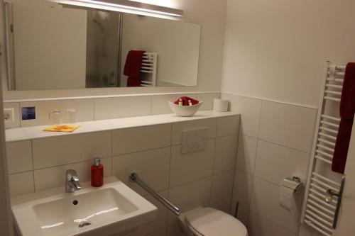 a bathroom with a sink and a toilet and a mirror at Gasthof Krone in Schuttertal