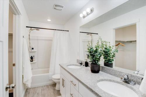 a white bathroom with two sinks and a toilet at King Bed Modern Kitchen and Living Room in Vineyard