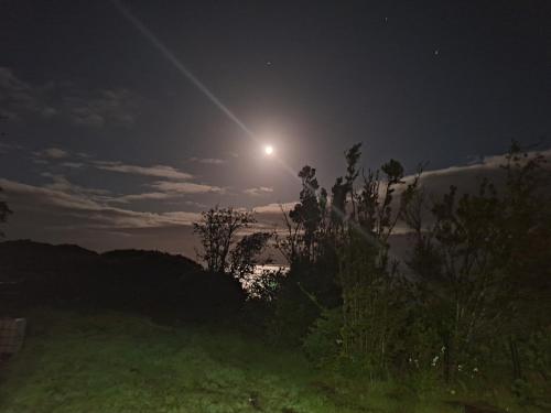 a moon in the sky over a field at night at Cabañas Bosquemar 1 in Queilén