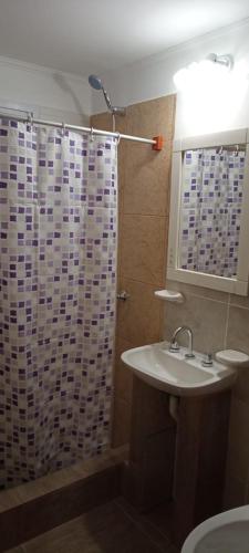 a bathroom with a shower curtain and a sink at MONOAMBIENTE en HOSTERIA LAS LUCES in San Blas