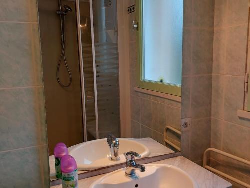 ein Waschbecken mit einer Dusche und einem Spiegel in der Unterkunft Gîte Saint-Mars-sur-la-Futaie, 3 pièces, 4 personnes - FR-1-600-150 in Saint-Mars-sur-la-Futaie