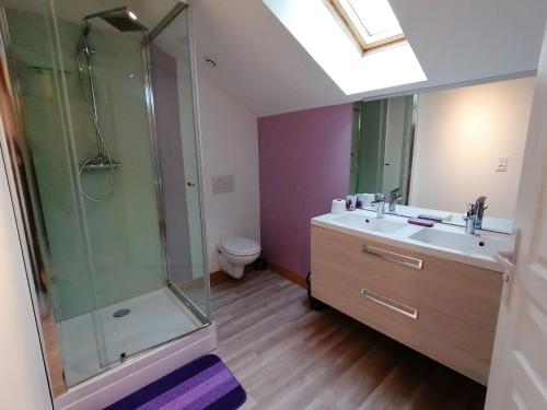 uma casa de banho com um lavatório e um chuveiro em Gîte Congrier, 7 pièces, 14 personnes - FR-1-600-34 em Congrier