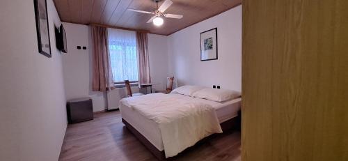 1 dormitorio con 1 cama y ventilador de techo en Sharma's Hotel en Ilmenau