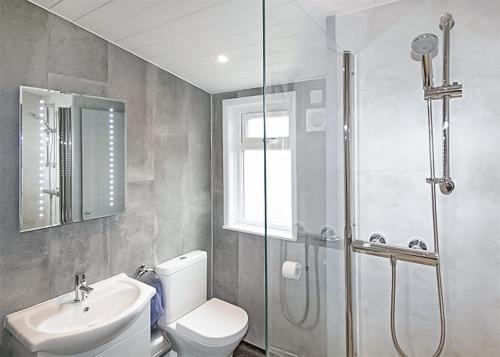 ein Bad mit einem WC, einem Waschbecken und einer Dusche in der Unterkunft Swanage Coastal Park in Swanage