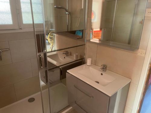 une salle de bain avec un lavabo et une douche en verre dans l'établissement Maison landaise avec jardin au cœur des Abatilles, proche golf et plages - Arcachon - FR-1-319-383, à Arcachon