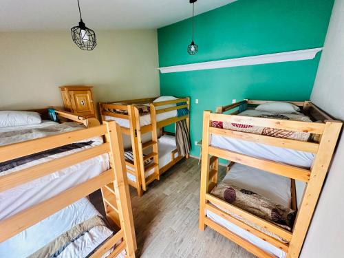three bunk beds in a room with green walls at Tierra Alta Hostal in San Cristóbal de Las Casas