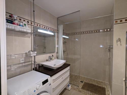 une salle de bain avec un lavabo et une douche dans l'établissement Arcachon centre, T2 de 47m², 200m plage, loggia, parking, idéal couple - FR-1-420-109, à Arcachon