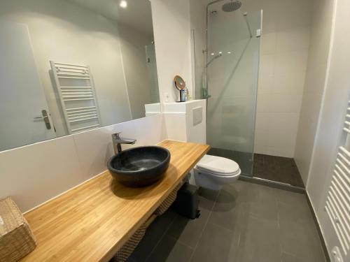 La salle de bains est pourvue d'un lavabo noir et de toilettes. dans l'établissement Villa Arcachon, 4 pièces, 7 personnes - FR-1-374-202, à Arcachon