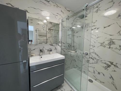 une salle de bain avec un lavabo et une douche dans l'établissement Grand T3 avec 2 terrasses et accès direct plage - FR-1-420-129, à Arcachon