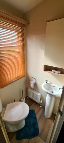 a bathroom with a white toilet and a sink at Golden Anchor Caravan Park, Europa Sequoia Private Static Caravan Hire on Wildflower Meadow in Chapel Saint Leonards