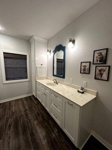 a bathroom with a sink and a mirror at Howdy Hideaway in Magnolia